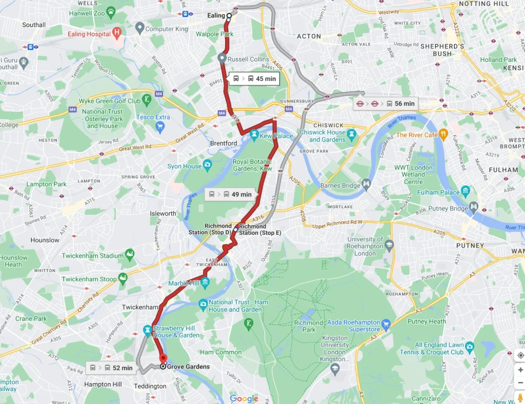 Map: bus route from Ealing to guitar lessons at Grove Gardens, Teddington