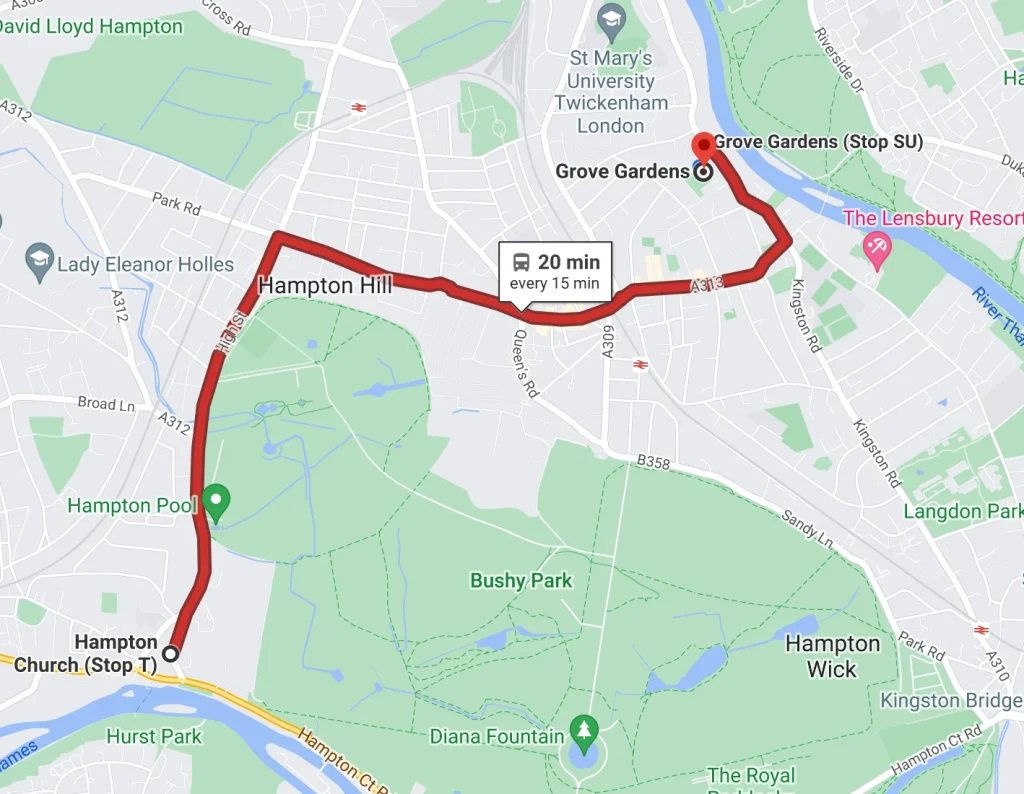Map: bus route from Hampton to guitar lessons at Grove Gardens, Teddington