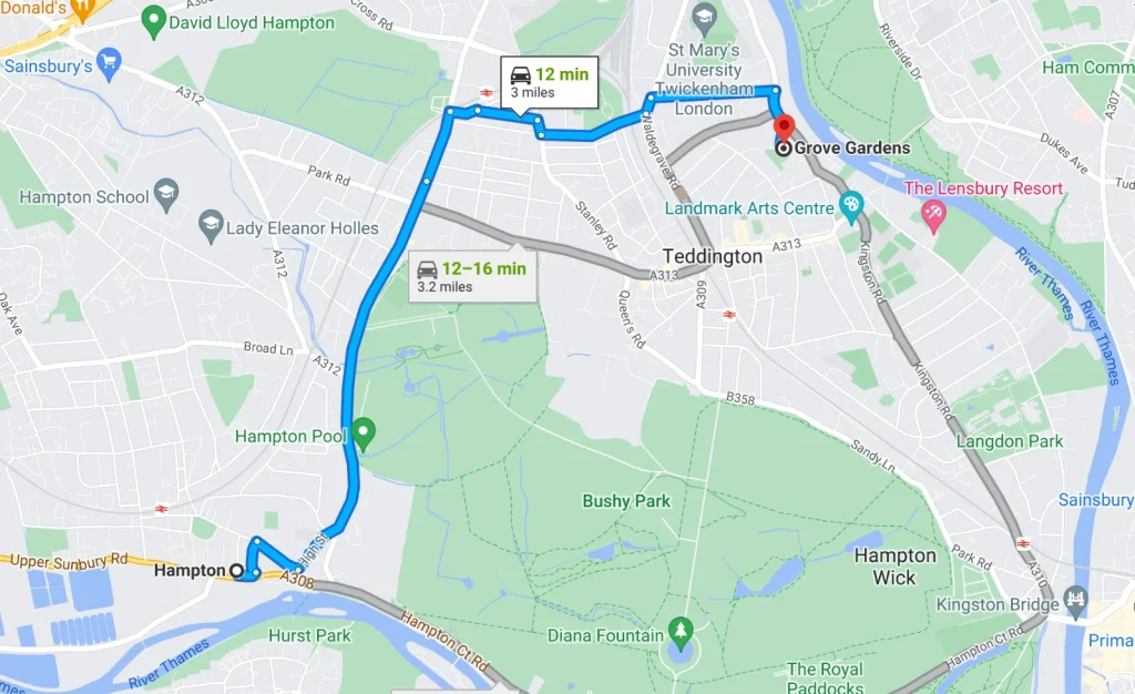 Map: driving directions from Hampton to guitar lessons at Grove Gardens, Teddington