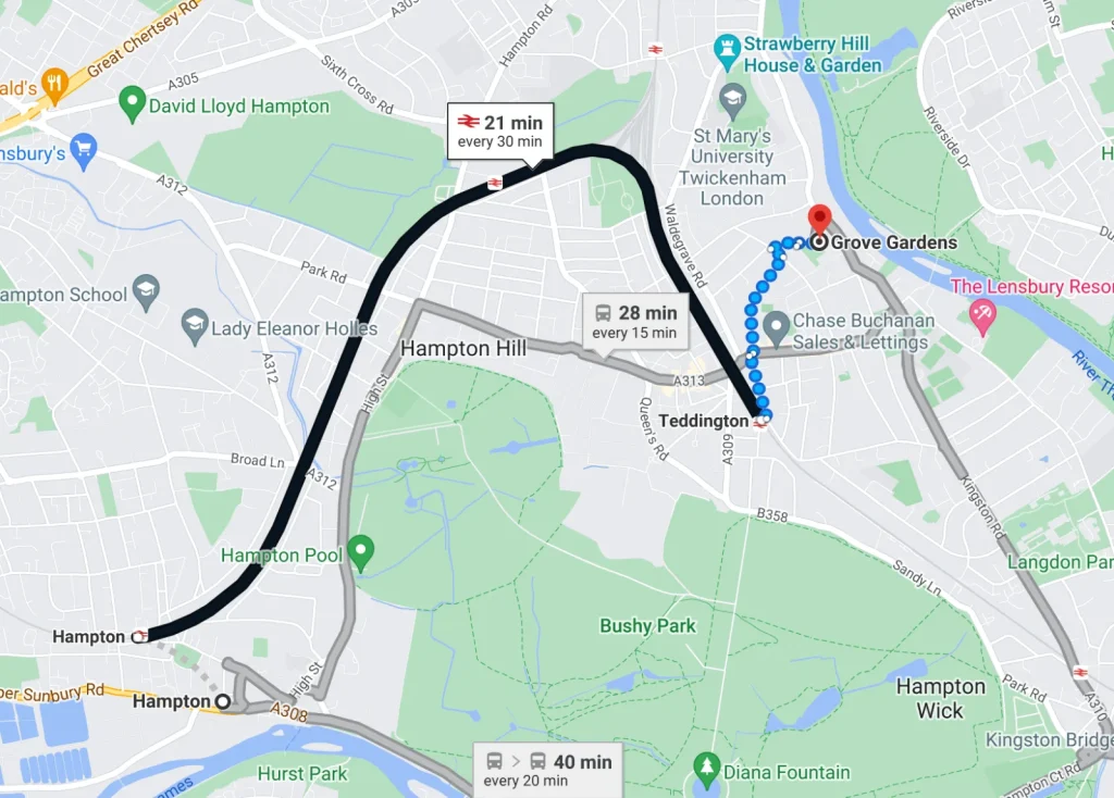 Map: train route from Hampton to guitar lessons at Grove Gardens, Teddington