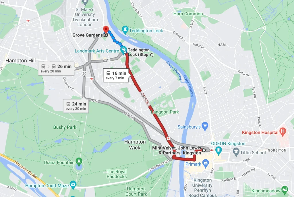 Map: bus route from Kingston to guitar lessons at Grove Gardens, Teddington