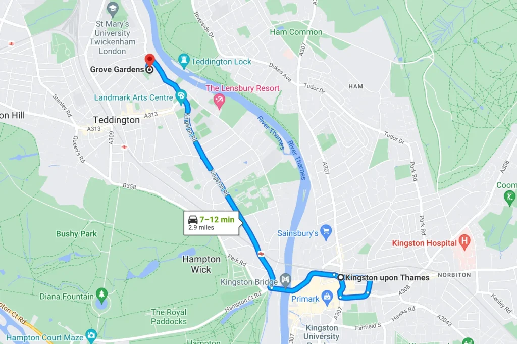Map: driving directions from Kingston to guitar lessons at Grove Gardens, Teddington