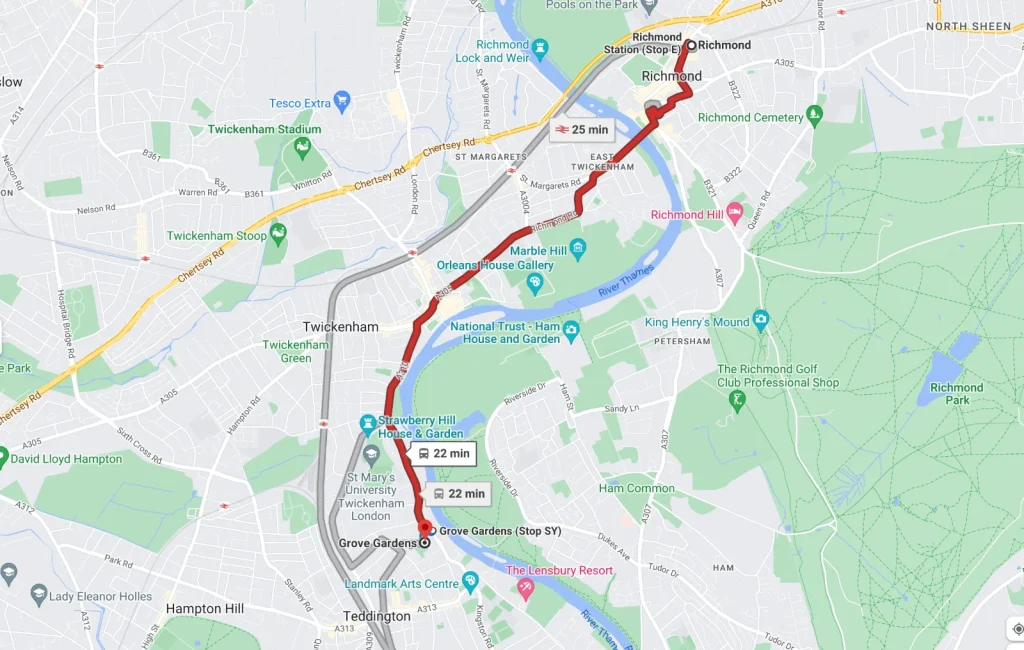 Map: R68 bus route from Richmond to guitar lessons at Grove Gardens, Teddington