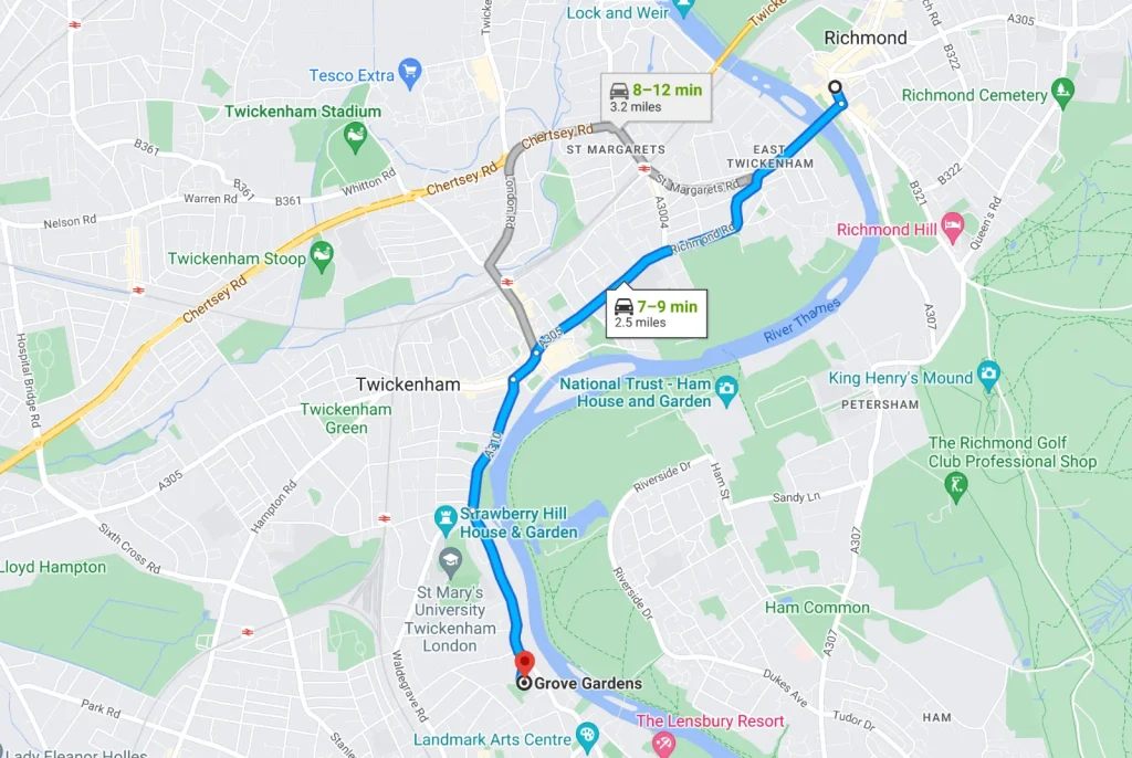 Map: driving directions from Richmond to guitar lessons at Grove Gardens, Teddington
