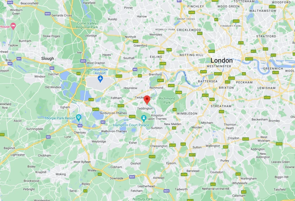 Guitar lessons in Teddington: map of south-west London showing Teddington
