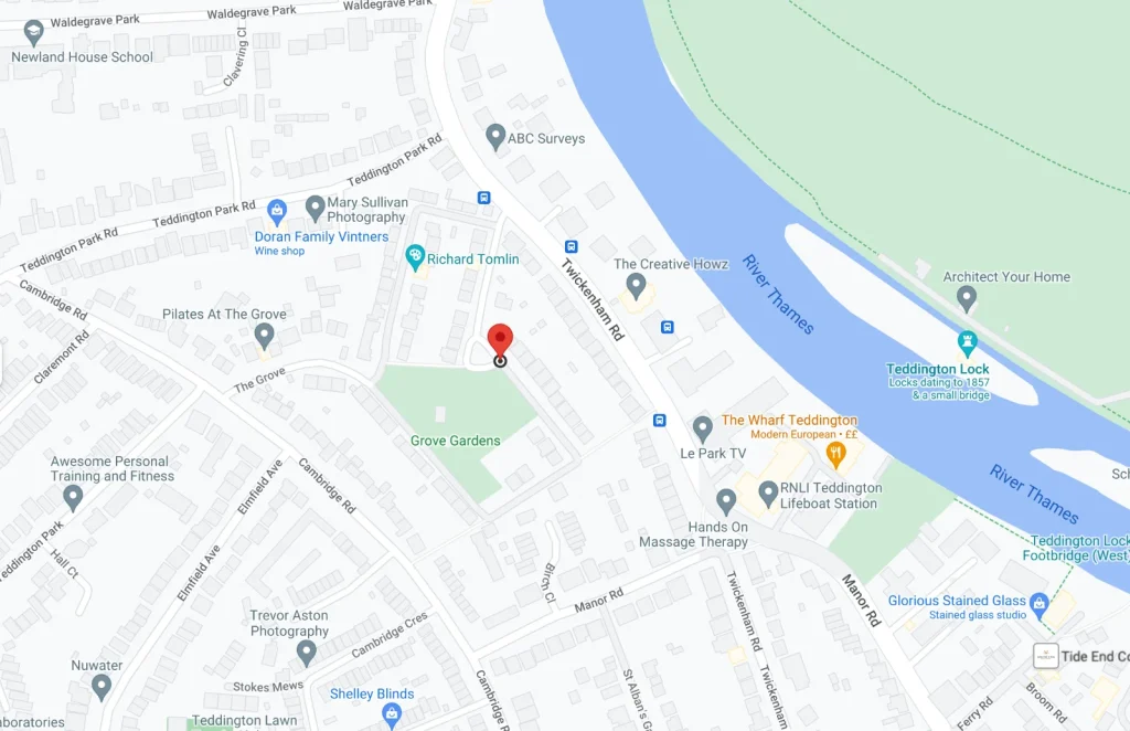 Map showing the location of Stuart Bahn Guitar Lessons in Teddington