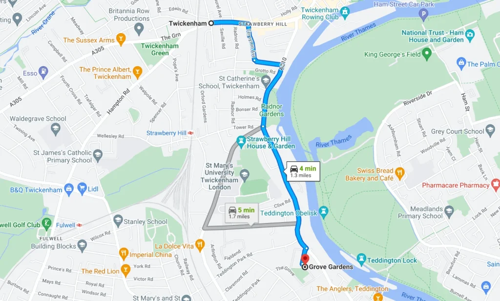 Map: driving directions from Twickenham to guitar lessons at Grove Gardens, Teddington