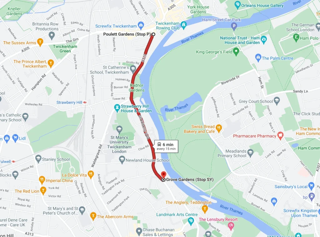Map: route from Twickenham to guitar lessons at Grove Gardens, Teddington